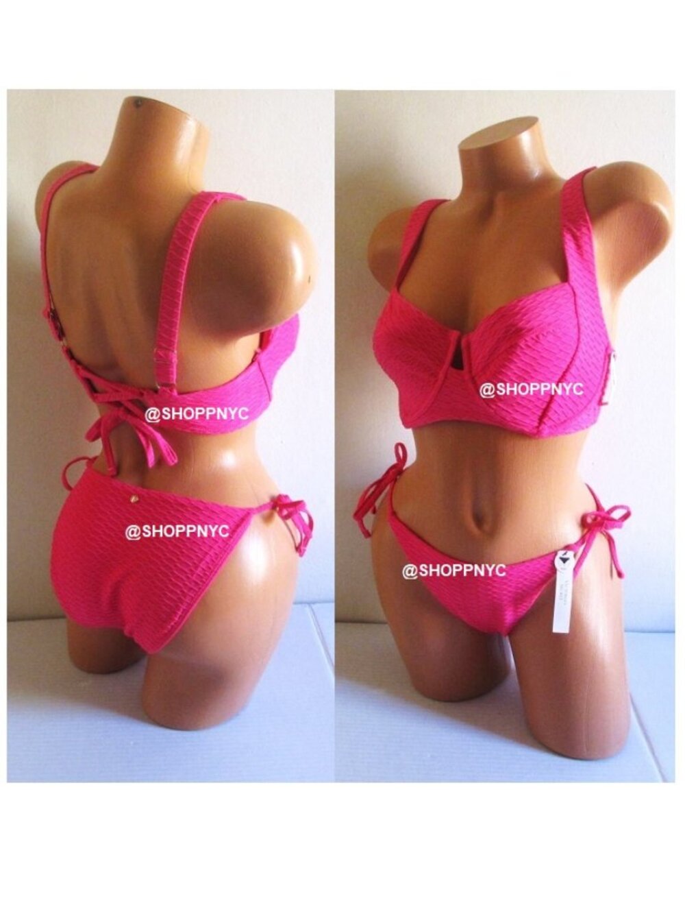 36DD/L VICTORIA SECRET Lace-Up Back Strappy Top Bikini Side Tie Cheeky Hot Pink